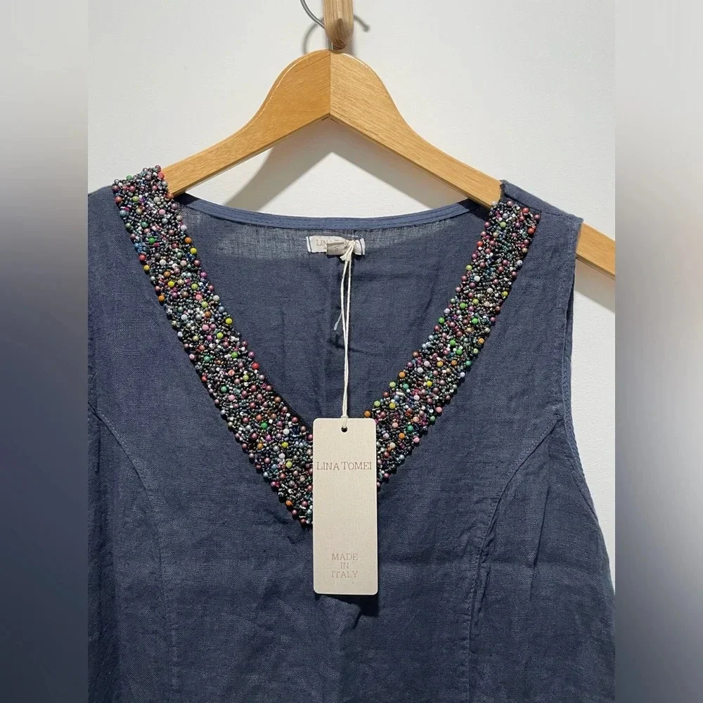 NWT Lina Tomei 100% linen dress with beaded neckline, size small - Picture 2 of 13